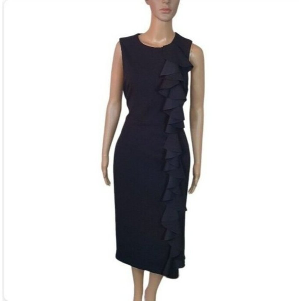 Pduch ruffle Midi Dress Black winch belt short sleeve cocktail races